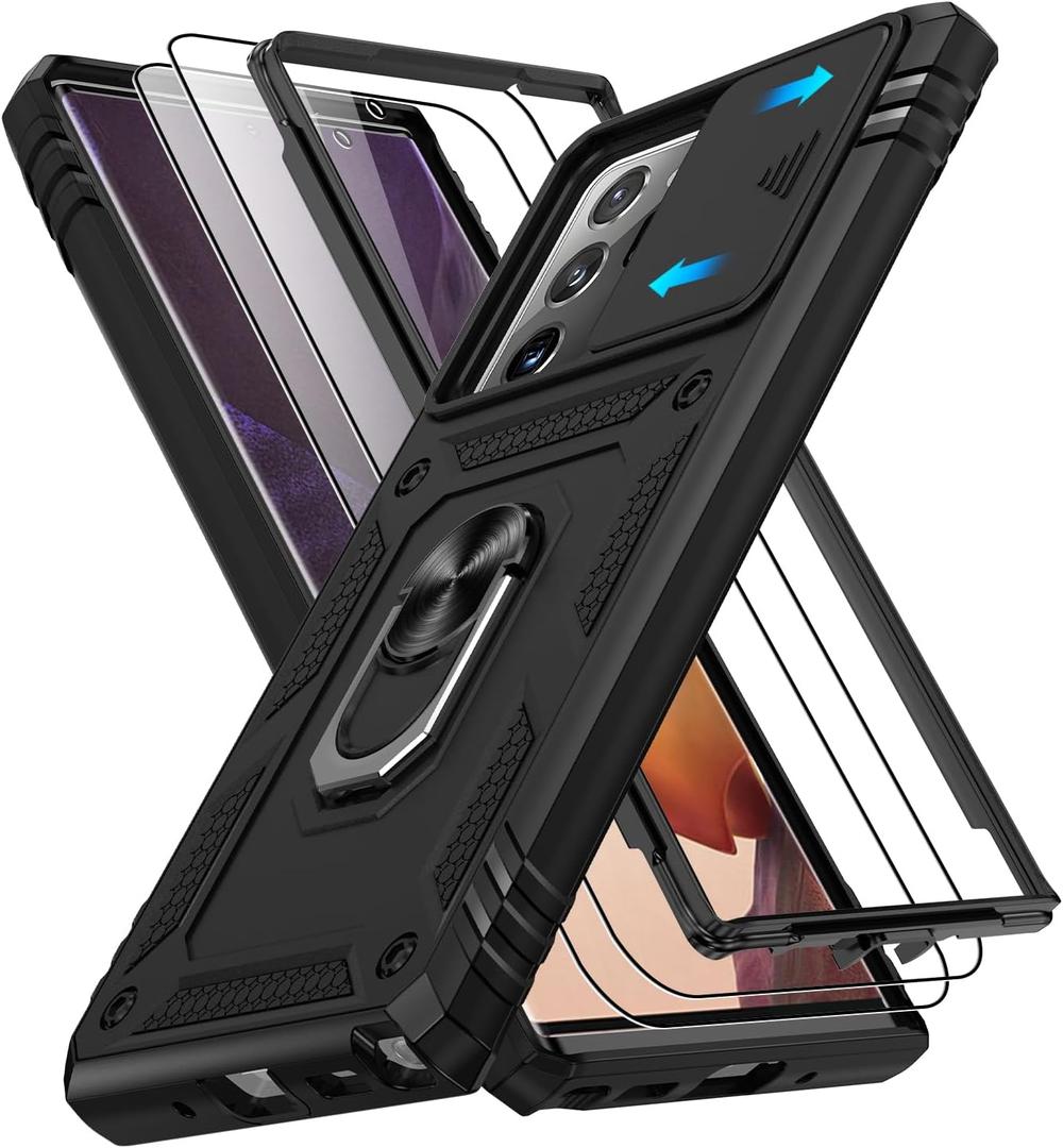 for Samsung Galaxy Note 20 Ultra Case with Screen Protector*2, Note 20 Ultra Phone Case Build in 360 Rotating Ring Kickstand, Military Grade Protective Cover for Note 20 Ultra Phone Black