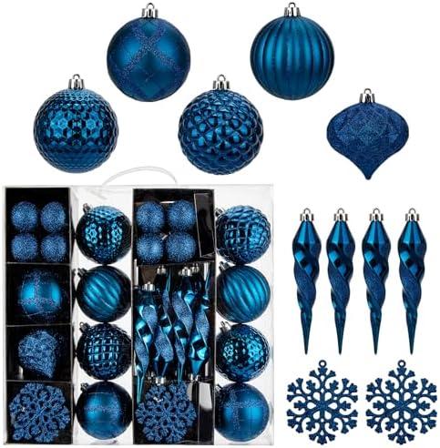 50PCS Christmas Tree Ornaments Set with Shatterproof Balls Icicle Snowflake Hanging Ornaments for Home Office Farmhouse Christmas Decorations, Dark Blue