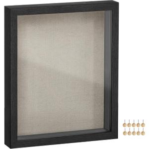 SONGMICS 11x14 Shadow Box Frame, Deep Box Frame with Top Slot and Push Pins, Wood Picture Display Case for Savings, Linen Fabric Backing for DIY Craft, Glass Front, Black, Gift URPF009B01