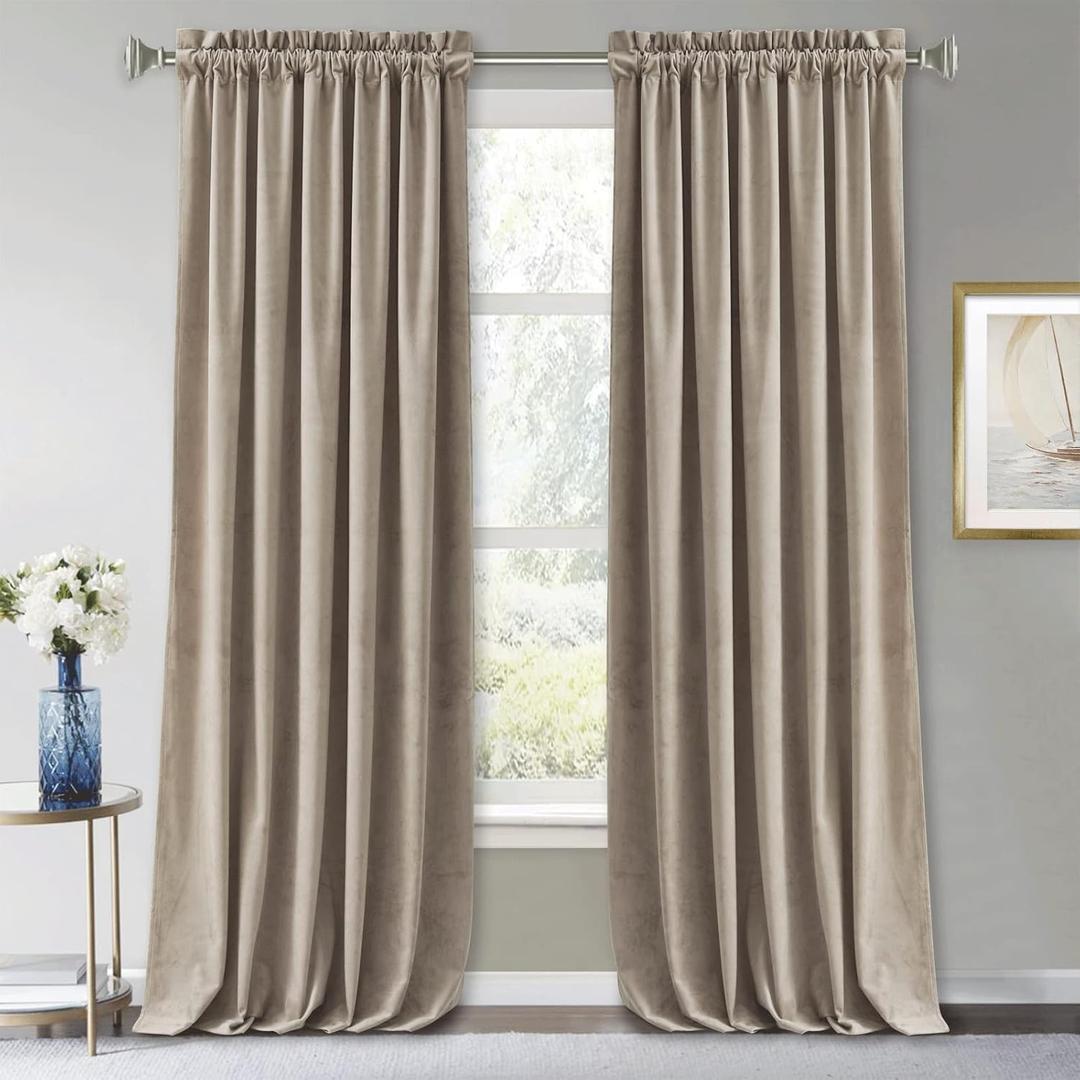 RYB Home Camel Beige Velvet Curtains & Drapes - Energy Efficiency Soft Half Blackout Window Curtains for Bedroom Living Room Backdrop Patio Door, 52 Width x 84 inch Length, 1 Pair
