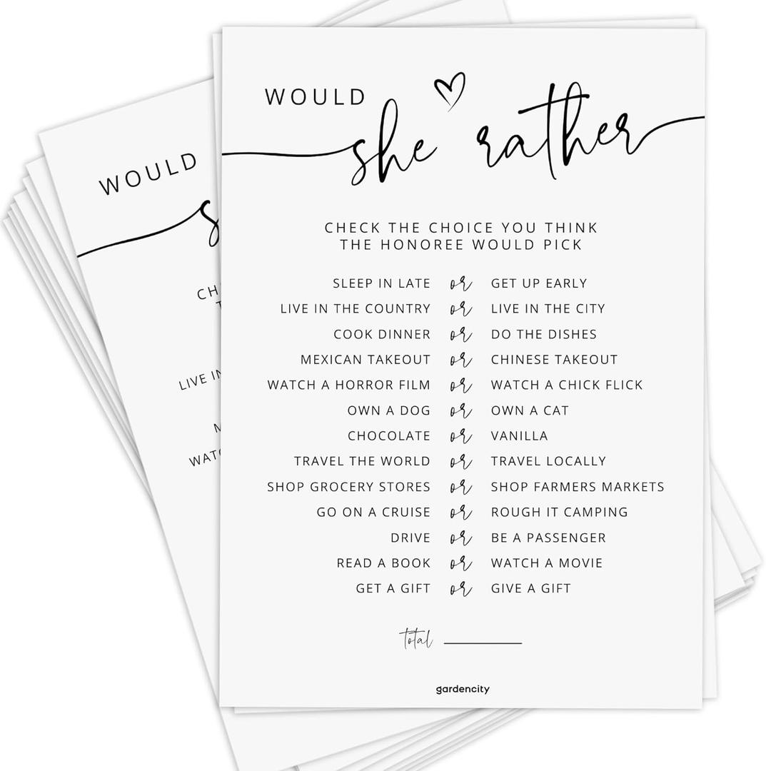 50 Would She Rather Bridal Shower Game Cards, Baby Shower Games, 50 Guests, Minimalist White