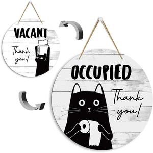 Occupied Vacant Sign for Bathroom Door Cute Cat in Use Wood Double Sided Hanger Plaque Sign for Home Office Bathroom Restroom Door