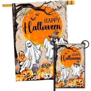 2 x Ghost Halloween Flag Set - 2 House Flags (28 x 40) & 2 Garden Flags (12x18) Double Sided