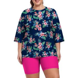Inno 2 Piece Women's Plus Size Rash Guard Set Quick Dry Swimsuit UPF 50+ Bathing Suit Swim Shirt and Shorts 1X-6X, Red Floral, 4X
