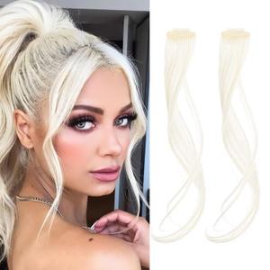 REECHO Side Air Bangs, 12 inch Long Wavy Curly Clip in Bangs Front Side Bangs for Women Daily Use 2 PCS Set Long Temples (White Blonde)
