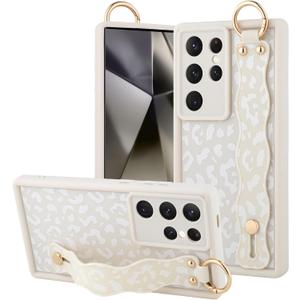 OOK Compatible with Samsung Galaxy S24 Ultra Leopard Case with Wrist Strap, Cute White Leopard Cheetah Pattern, Soft TPU Bumper Shockproof Protection Slim Cover for Women Girls, for 6.8inch