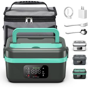 Electric Heated Lunch Box for Adults, EDCERATY Rechargeable 60W Self-Heating Food Warmer with 1L Stainless Steel Container, Fork, Spoon and Insulated Carry Bag for Work Men Car Truck(Grey+Green) (1Pack)