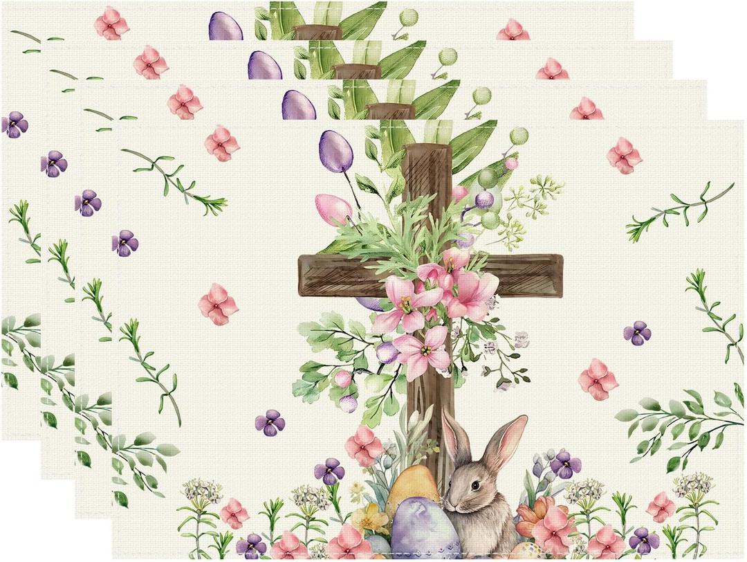 Easter Watercolor Cross Bunny Colorful Eggs Flowers Leaves Rabbits Spring Cloth Placemats Set of 4 Table Mats Table Decorations 12x18 Inch