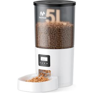 IMIPAW Automatic Cat Feeders, 5L Large Capacity, Timed Feeding Dry Food, Dual Power Design, Programmable Portion Size, 1-6 Meals Per Day, with Desiccant Packet, Suitable for Small Pets Food Dispenser (White)
