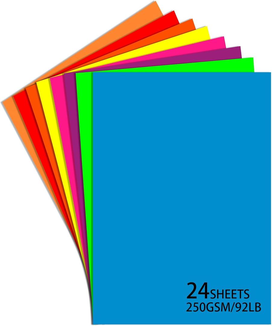 24 Sheets Neon Poster Board 11 x 14 Inches,250 GSM/92 lb Bright Assorted Colored Cardstock Paper Poster Board for School Craft Project Presentation Drawing Party Decorations