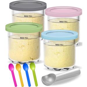 Creami Pints and Lids for Ninja - 4 pack Creamy Icecream Containers Cups Jars Tubs Canisters Set, Smoothie Pot Compatible with NC299AMZ & NC300s Series Creamer Ice Cream Maker Machine Accessories