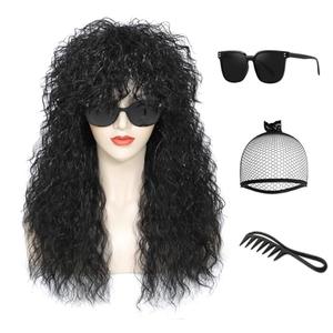 Adequate Women’s 80s Rocker Mullet Wig Halloween Costume Wig Long Curly Black Party Funny Wig (Black)