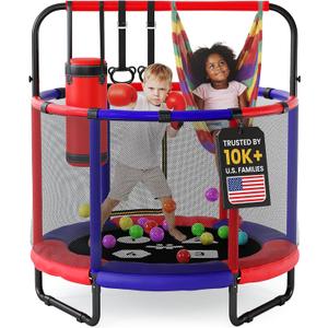 Happin 55 Trampoline for Kids with Safety Enclosure, Indoor & Outdoor Toddler Trampoline, Ultra Safe Design with Multi Activity Accessories, Perfect Toddler Gift for Boys & Girls Ages 18 (Blue-Red)