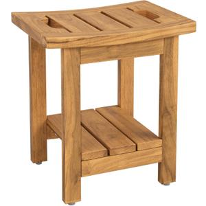 14" Teak Shower Stool, Waterproof Teak Shower Bench with Shelf & Handle for Bathroom, 300 Lbs Capacity, Natural Teak Color