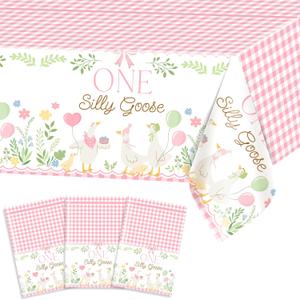 Avezano 3 pcs One Silly Goose Birthday Decorations Girl First Birthday Tablecloth 108 x 54 Disposable Plastic Pink One Silly Goose Bday Party Table Covers