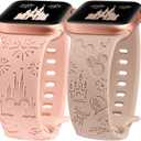 2 Packs Cartoon Engraved Band Compatible with Apple Watch Band 49/46/45/44/42mm(Series 3 2 1) Women, Cute Designer Soft Silicone Strap for iWatch Series 11 10 9 8 7 6 5 4 3 SE/Ultra 3 2 1 (Pink & Milk Tea)