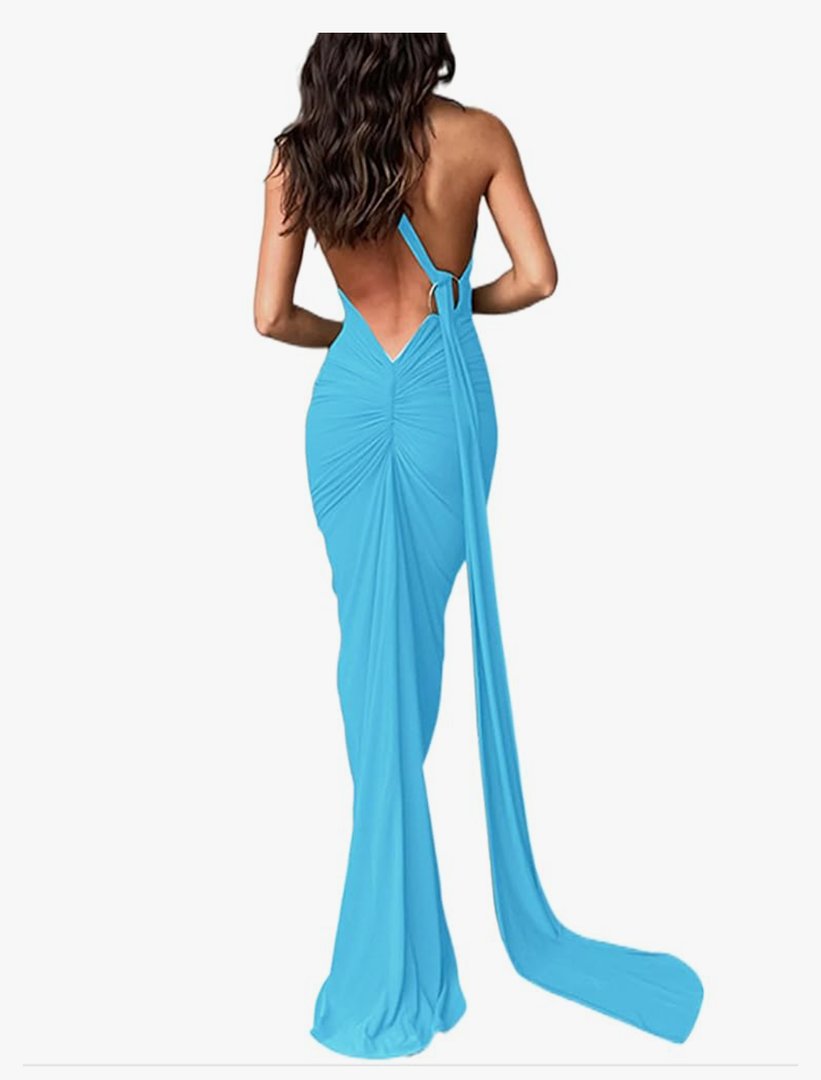 Springcmy Women Sexy Backless Dress Ruched Bodycon Sleeveless Open Back Maxi Dress Spaghetti Strap Party Cocktail Long Dress, L