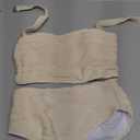 High Waisted Bandeau Bikini Set - Women Strapless Two Piece Swimsuits Ribbed Longline Full Coverage Bathing Suits Swimwear (Small, Beige)