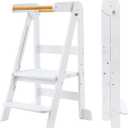Foldable Toddler Tower 95% Preassembled Kitchen Stool Helper Folding Step Stool for Kids Montessori Toddler Standing Tower with 3 Adjustable Height Helper Tower for Kitchen Counter Sink White