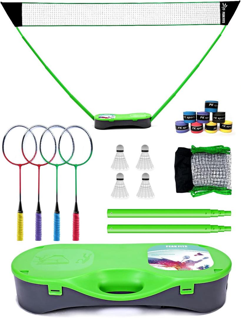 Peak Fits Portable Badminton Net Set, Folding Volleyball Badminton Net, 4 Professional Graphite Badminton Racket, 8 Racket Grip Tape, 4 Shuttlecocks, Family Game, Backyard Sports