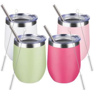12oz/4 Pack Stainless Steel Wine Tumbler with Lids, Double WallVacuum Stainless Steel Travel Tumbler,Insulated Wine GlassesTravel Tumbler for Cold & Hot Drinks,Cup for Champaign Coffee(Light color)