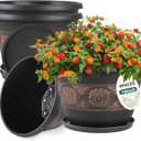 Usocik 4 Pack 16 inch Plant Pots, Retro Pattern Planters with Drainage Holes and Saucer, Sturdy Plastic Garden Flower Pots for Indoor & Outdoor Plants