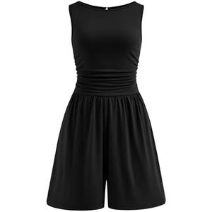 PRETTYGARDEN Summer Rompers for Women 2026 Dressy Casual Sleeveless Short Wide Leg Jumpsuits Beach Vacation One Piece Spring Outfits(Black, XS)