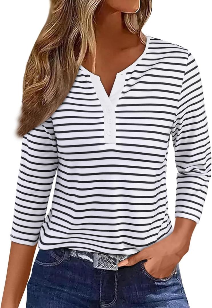 LilyCoco Women's 3/4 Sleeve Striped V Neck T Shirts Tunic Casual Button Shirt Black X-Large (White, XL)