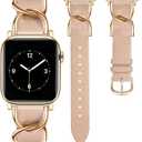 JR.DM Designer Leather Bands for Women,Dressy Fancy Cute Strap with Double U-Shaped Buckle Watch Bands for iwatch Compatible with Apple Watch Series 11/10/9/8/7/6/5/4/3/2/1 Ultra 1/2/3 SE 1/2/3 Champagne Rose Gold