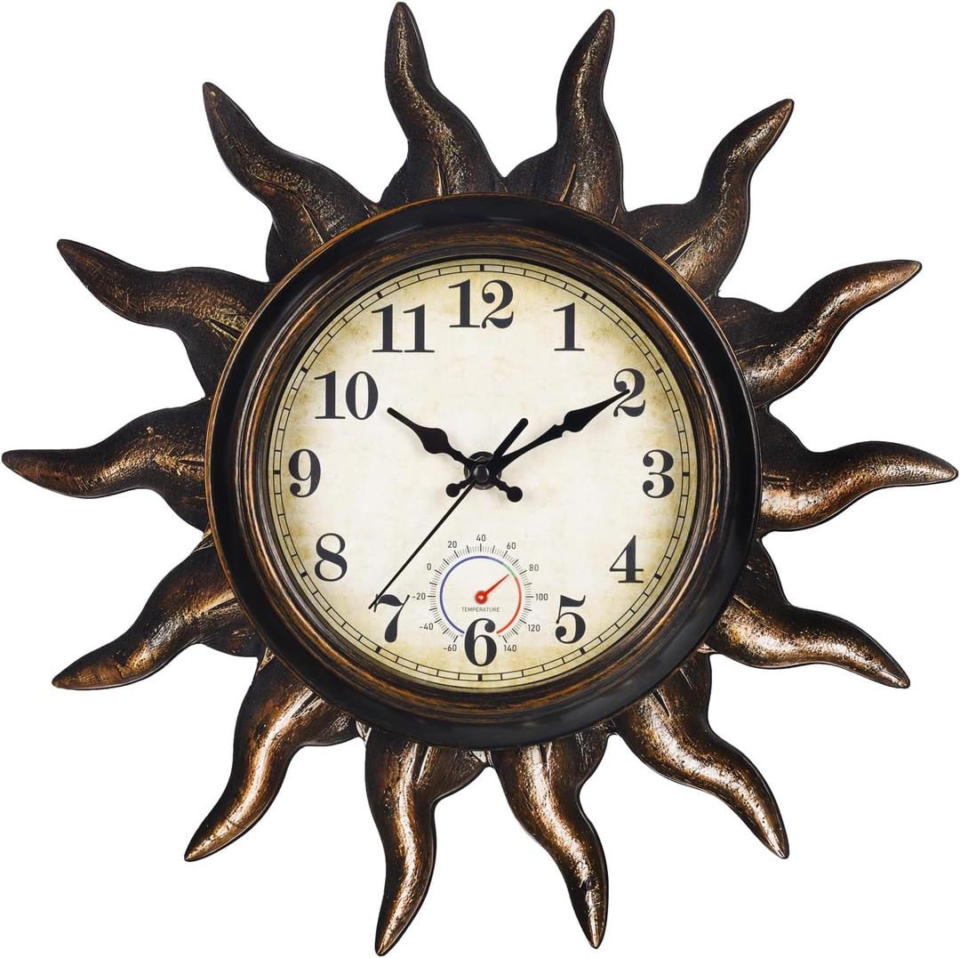 Sun Outdoor Clock with Thermometer - Silent Non-Ticking Retro Decorative Wall Clock, Waterproof for Patio, Garden, Pool, Bathroom, Kitchen - 13 Inch, Bronze