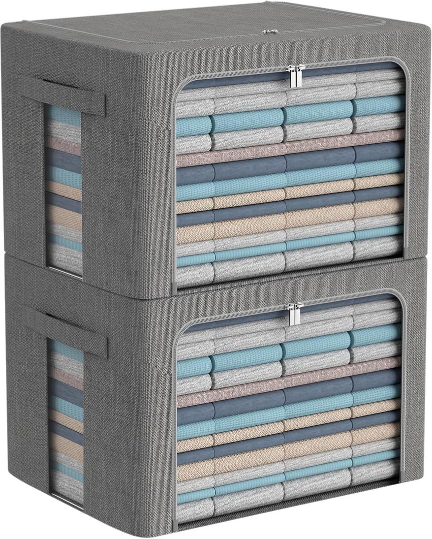 Extra Large Clothes Storage Bins - Linen Fabric Foldable Stackable Container Organizer Set with Clear Window & Carry Handles & Metal Frame (Dark Gray, Extra Large-100L)