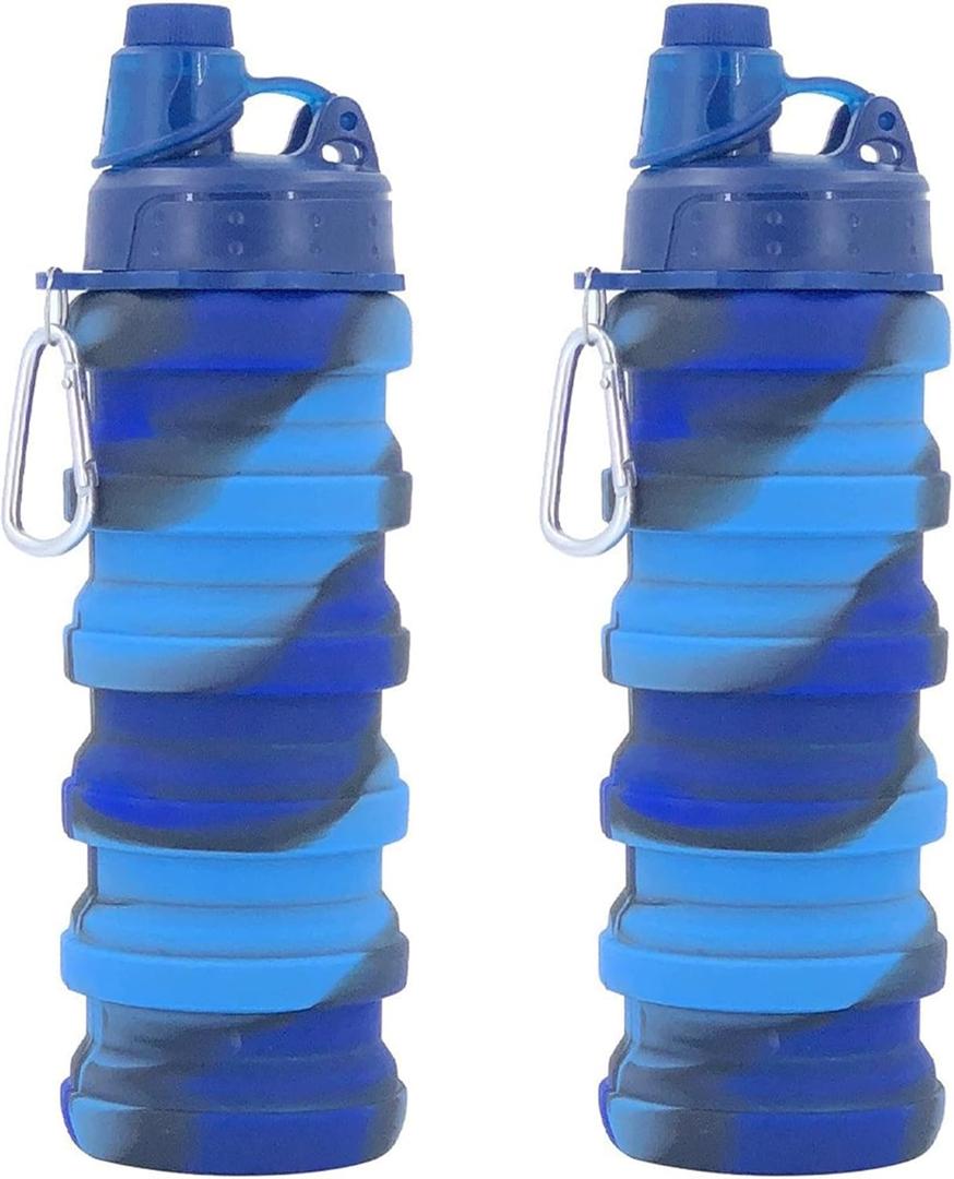 Collapsible Water Bottles Travel water bottle Sports Portable Sport Water Bottle Reusable Water Bottles comes with mountaineering Buckle 500ml silicone Water-proof camping water bottle (Blue+Blue camouflage)