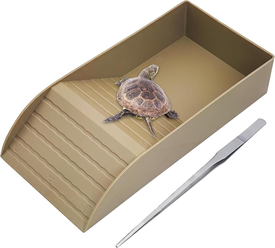 kathson Tortoise Water Dish with Ramp and Basking Platform, Reptile Water Bowl Turtle Soaking Tub Hermit Crab Bathing Pool for Amphibians Habitat Accessories (Brown) (12" L x 5.9" W x 2.36" H, Style 1-Brown)