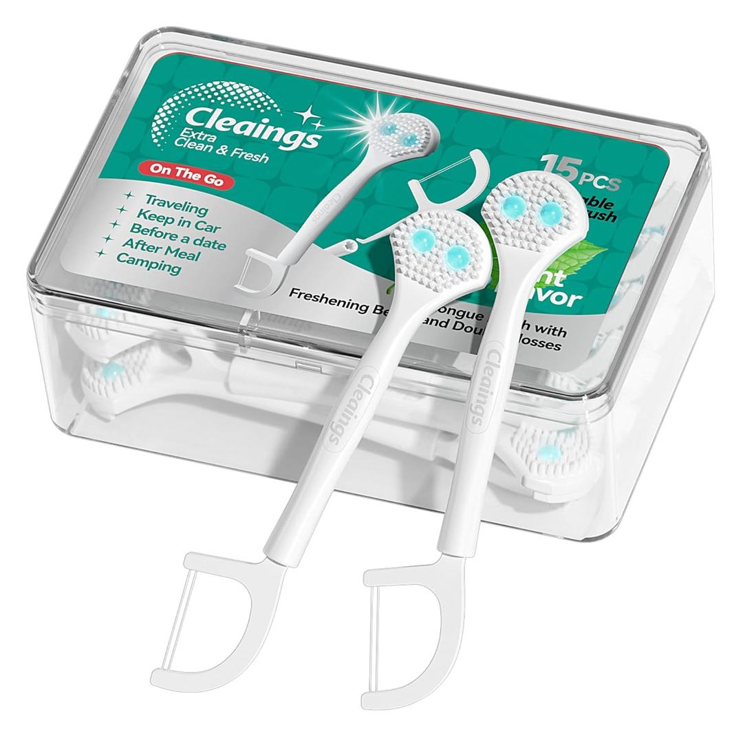 cleaings 15Pcs Mini Disposable Tongue Brushes with Cleaning Paste Beads and Floss Picks, Tongue Cleaners, Reduce Bad Breath, Tongue Scraper-Mint Flavor (Pack of 5)