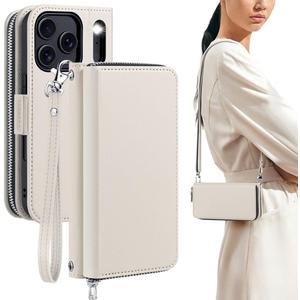 OCASE for iPhone 17 Pro Crossbody Wallet Case - Stylish PU Leather Handbag Phone Purse with Zipper Closure, Card Slots & RFID Blocking - Wrist Strap, Lanyard, Kickstand - Cream