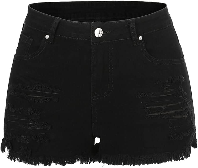 THUNDER STAR Women Mid Rise Ripped Stretchy Jeans Shorts Frayed Raw Hem Casual Denim Shorts (Black, XL)