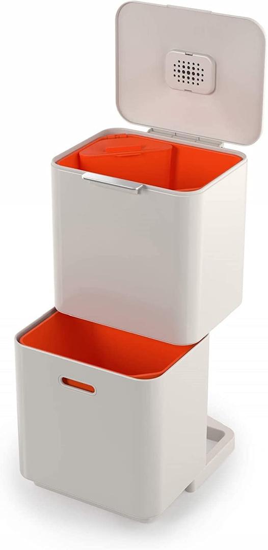 Joseph Joseph Totem Max 60 Liter/15.85 Gallon Waste Separation and Recycling Kitchen Trash Can with Odor Filter and Removable Compost Food Waste Caddy, Stone