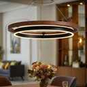 Wood Grain Finish Chandelier,24" Modern LED Chandelier with Remote Control, Farmhouse Dining Room Light Fixture Circular Chandeliers Dimmable Pendant Light for Entry Bedroom Living Room Foyer Kitchen, D 23.6" x H 86.6"