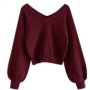 ZAFUL Women's Cropped Sweater V-Neck Long Sleeve Crop Sweater Pullover Jumper Knit Top Size M