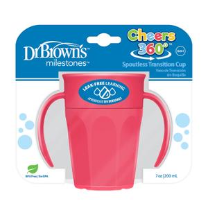 Dr. Brown's Milestones Cheers 360 Spoutless Transition Cup with Handles, Travel Friendly and Leak Free Sippy for Babies and Toddlers, Pink, BPA-Free, 7 oz/200 mL, 6m+
