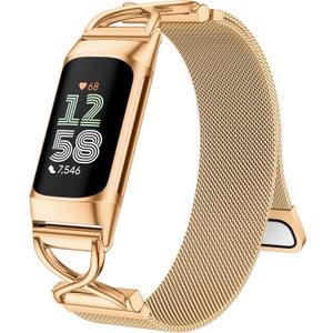 JKD X-Shape Metal Band Compatible with Fitbit Charge 6/ Charge 5 Bands for Women Men, Soft Stainless Steel Mesh Loop Strap Bracelet Wrist Band Replacement for Fitbit Charge 5/ Charge 6 Fitness Tracker (Rose Gold)