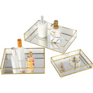 3 PCS Mirror Glass Vanity Tray Set, Golden Metal Edge Decorative Dresser Trays with Velvet Bottom, 3 Sizes Rectangular Makeup Perfume Jewelry Organizer for Bedroom Bathroom
