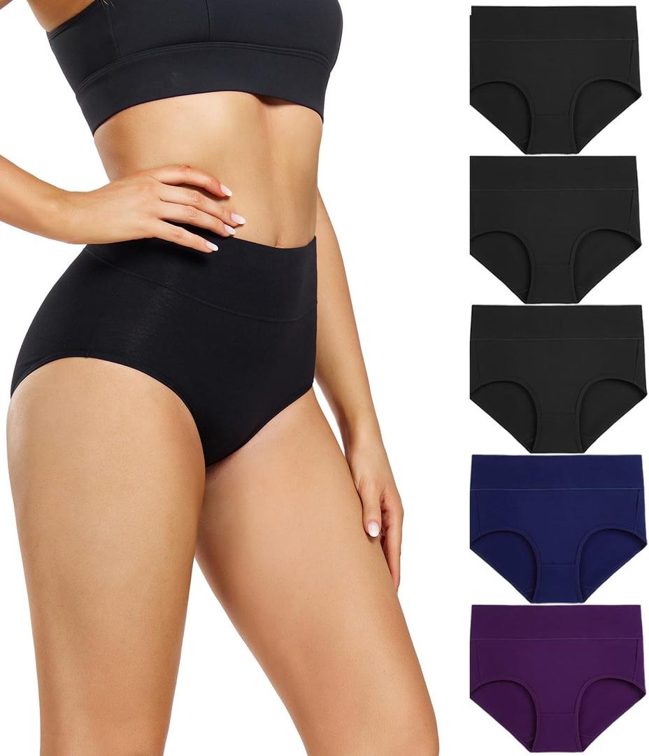 wirarpa Women's Underwear High Waisted Ladies Cotton Panties Soft Full Coverage Briefs 5 Pack (Regular & Plus Size) (Large, 3black, 1blue, 1purple-5p)