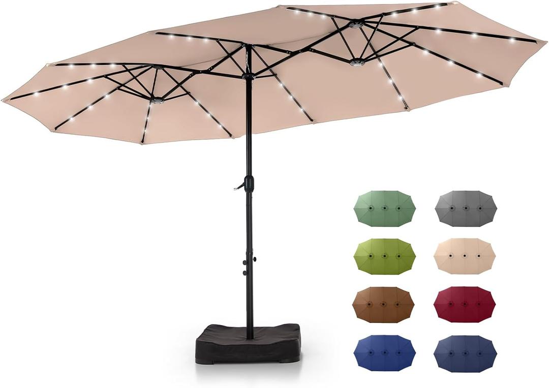 GREEN PARTY 15 ft Rectangle Patio Umbrella with Solar Lights and Base Included, Double-Sided Market Table Umbrella with Crank, Large Outdoor Umbrellas for Patio Poolside Garden Backyard, Beige