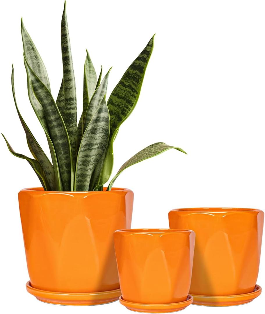 Ceramic Plant Pots, 6.7 + 5.3 + 3.9 Inch Octagon Pots for Plants, Flower Planters for Indoor with Drainage and Saucer Set of 3, Bright Orange