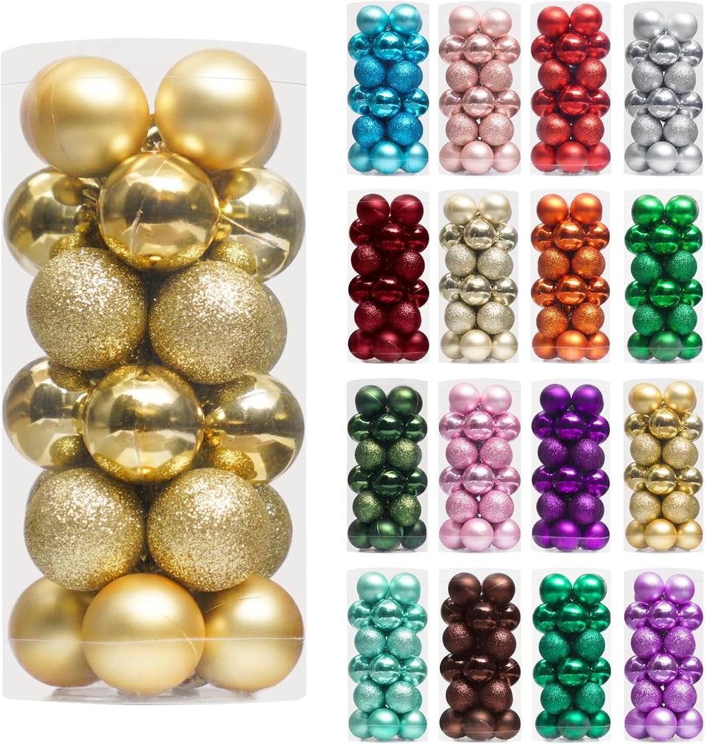 XmasExp 24ct Mini Christmas Ball Ornaments Shatterproof Christmas Ornaments Set Decorations for Xmas Tree Balls 30mm/1.18" (Gold)
