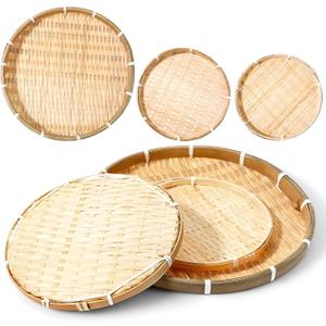 6 pcs Handmade Bamboo Woven Basket Tray, Woven Fruit Basket, Shallow Food Storage Serving Trays, Round Bamboo Tray for Serving, Round Flat Wicker Baskets for Breakfast, Fruit, Snacks