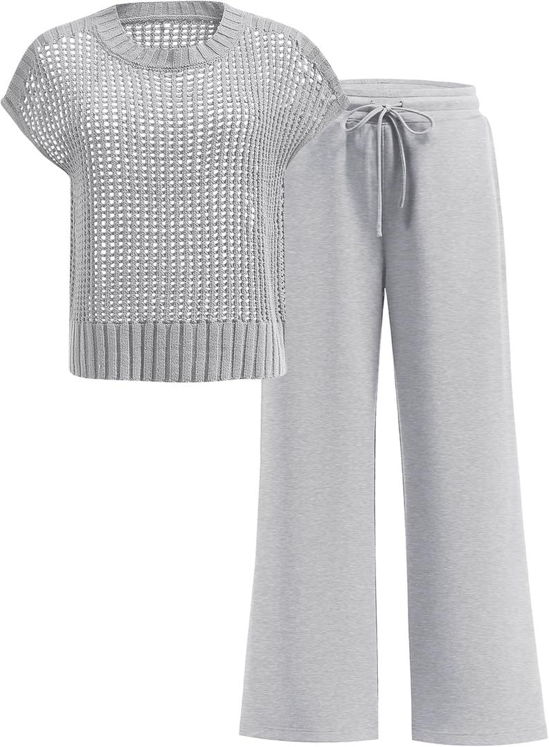 ANRABESS Women Two Piece Outfits Crochet Sheer Knit Sweater Top Wide Leg Pants Lounge Matching Sets Sweatsuit Travel Clothes (Medium, Light Grey)