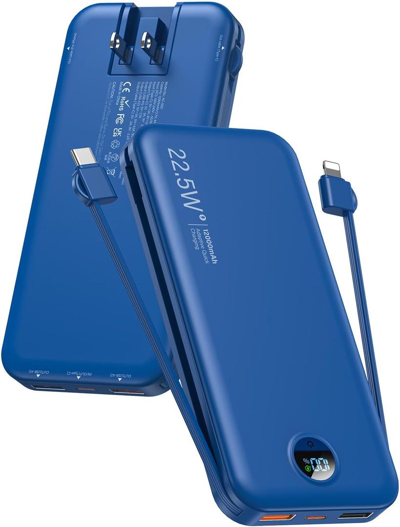 citicr Portable Charger Power Bank, 12000mAh 22.5W USB C Fast Charging with Built-in Cables & Wall Plug, 5-in-1 External Battery Pack with LED Display, Perfect Backup for iPhone, iPad, Samsung Navy