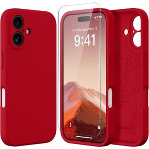 Magnetic for iPhone 16 Plus Case, Compatible with MagSafe, [Full Camera Protection][Screen Protector] Silicone Shockproof Protective Phone Case for iPhone 16 Plus 6.7", Red